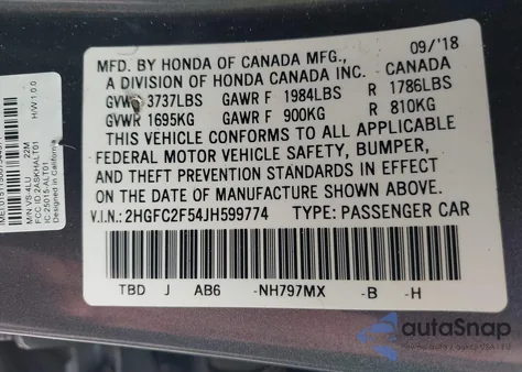 2018 Honda Civic Lx from USA, damaged, VIN 2HGFC2F54JH599774